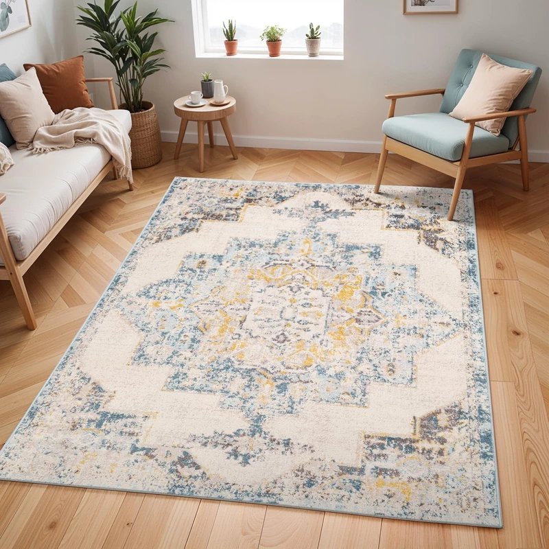 Livabliss Orlando Vintage Rug - Area Rugs for Living Room 140x200 cm, Bedroom - Scandi Neutral Rugs, Traditional Patterned Boho Style, Natural Easy Care Pile - Large Rug, Blue, Mustard and Beige