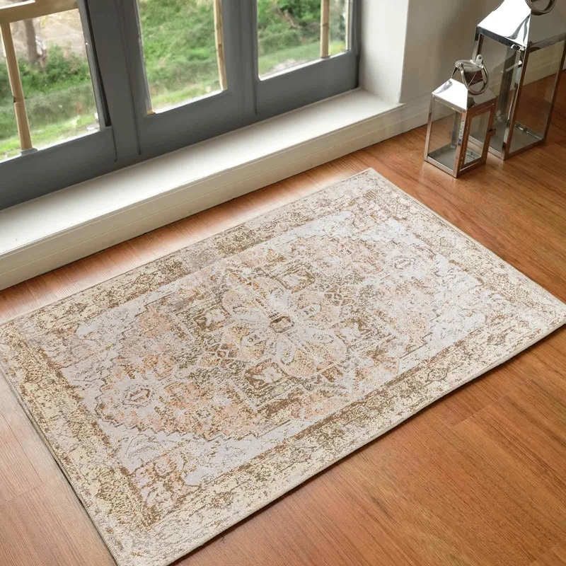 Livabliss Lusail Machine Washable - Vintage Runner Living Room, 66x115 cm - Traditional Boho Style, Dining Room, Kitchen, Outdoor, Hallway - Light Brown, Dark Brown, Coral