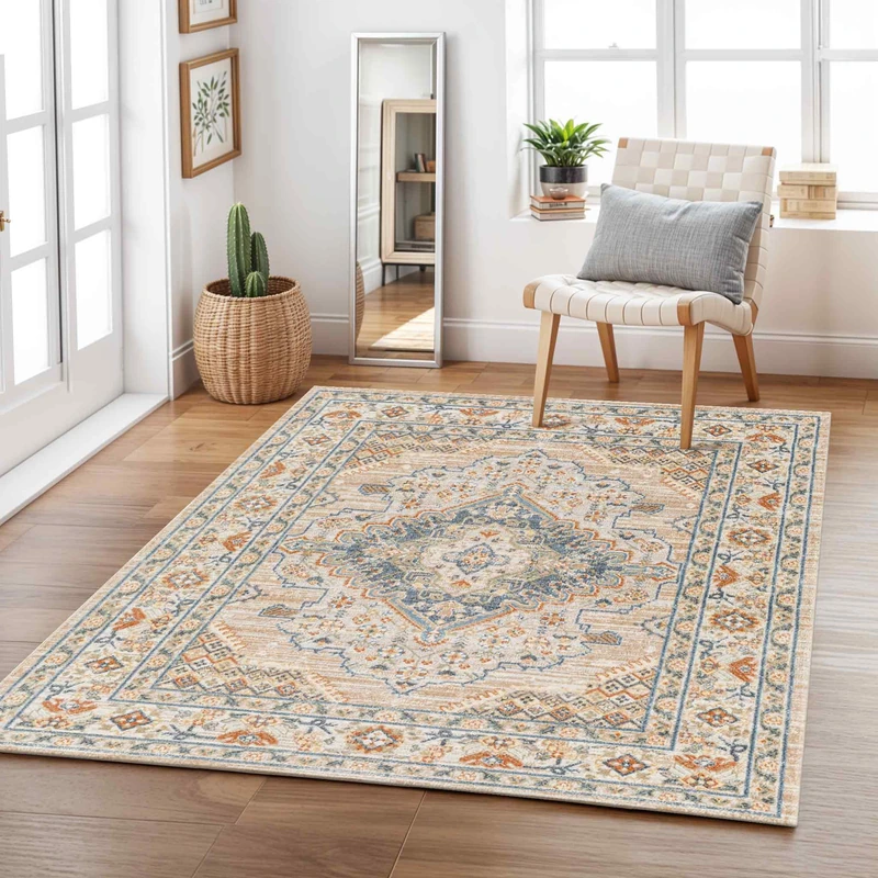 Livabliss Manama Machine Washable– Vintage Boho Design for Living Room 120x170 cm, Dining, Kitchen, Outdoor or Hallway – Beige, Blue & Dark Orange