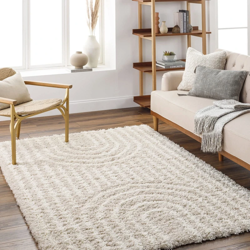 Livabliss Kalba Shaggy Rug - Modern Berber Rugs Living Room, Large 200x290 cm, Soft Shaggy Rugs for Bedroom - Neutral Boho Fluffy Rug, Easy Care Plush Thick Pile - Light Beige and White