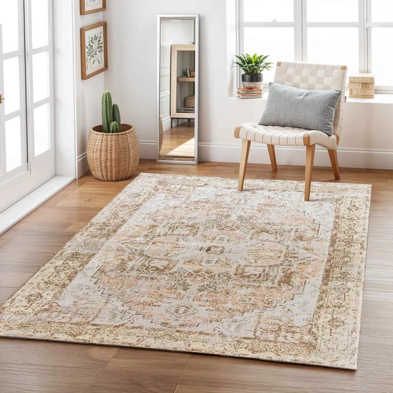 Livabliss Lusail Machine Washable - Vintage Area Living Room, Large 200x275 cm - Traditional Boho Style, Dining Room, Kitchen, Outdoor, Hallway - Light Brown, Dark Brown, Coral