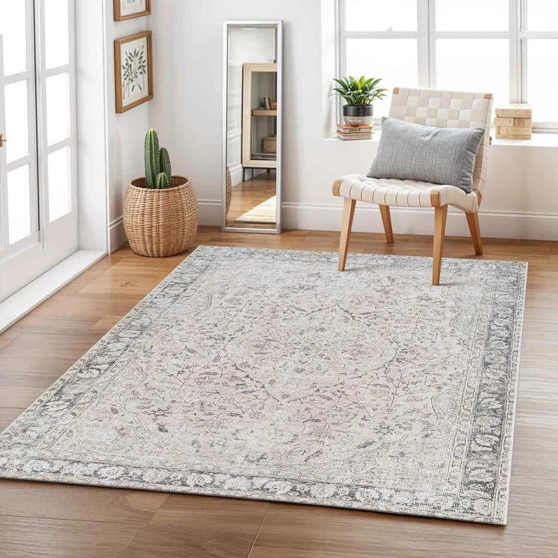 Livabliss Ghado Machine Washable Rug - Vintage Area Rugs Living Room, Large Rug 200x275 cm - Traditional Boho Style, Dining Room, Kitchen, Outdoor, Hallway - Beige, Coral, Grey