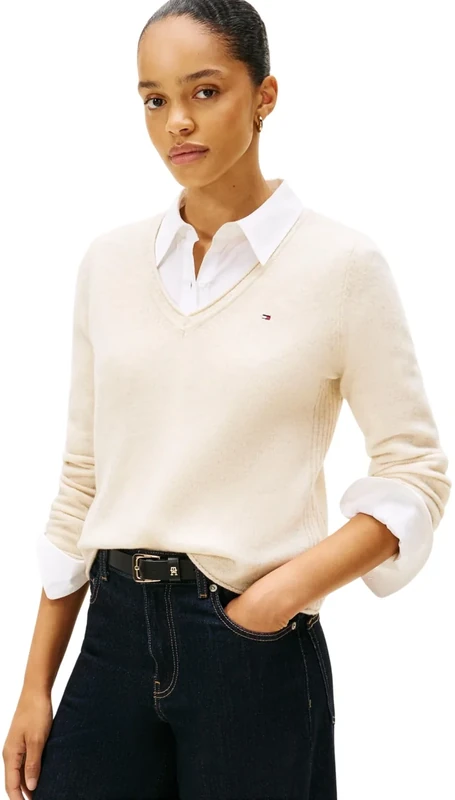 Tommy Hilfiger Women’s Soft Wool V-Neck Jumper, Off-White (Heather Oatmilk), L