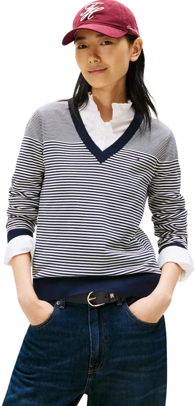 Tommy Hilfiger Women’s V-Neck Jersey Knitted Jumper, Multicolor (Bretton Stripe Dark Night Navy), M - Image 1
