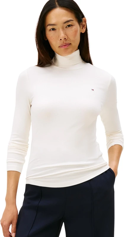 Tommy Hilfiger Women’s Slim Rib Knit Roll Neck Jumper, White (Ivory Silk), L