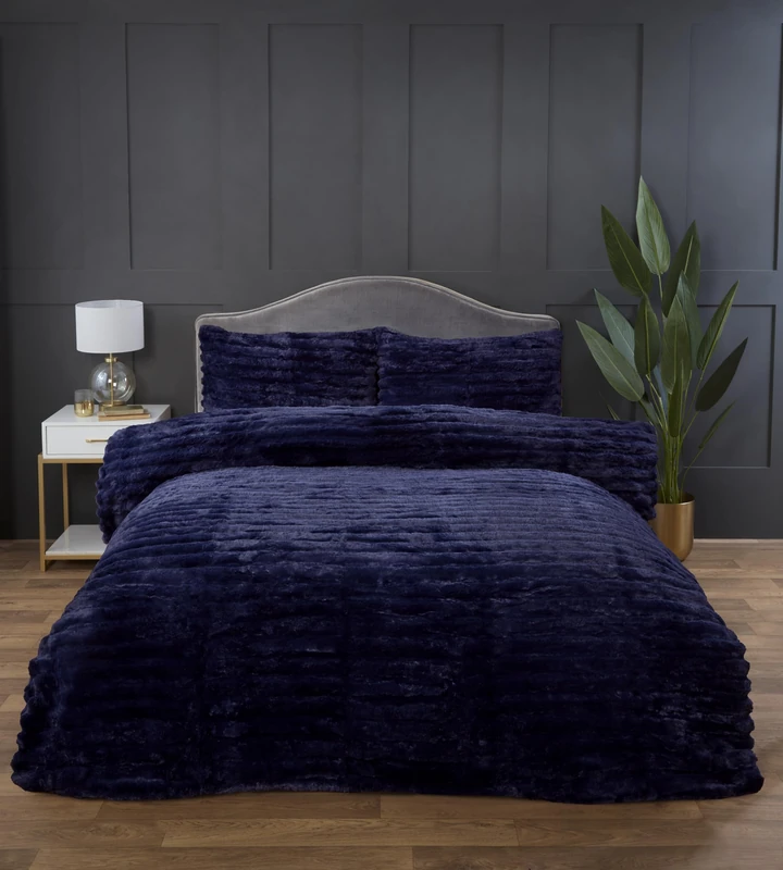 Rapport home Chunky Ribbed Premium Luxury Faux Rabbit Fur Duvet Cover Set Kingsize Midnight Blue Soft and Warm Fluffy Bedding Set