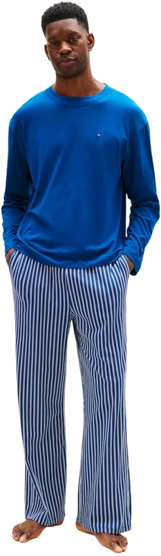 Tommy Hilfiger Men’s Long Sleeve Jersey Print Pyjama Set, Blue (Deep Indigo/Blue Dense Stripe), XXL