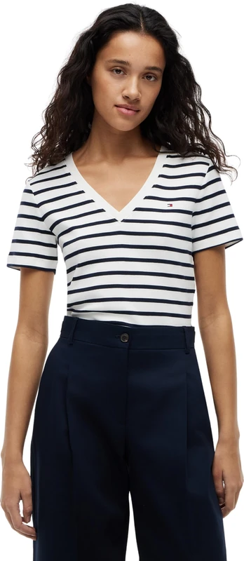 Tommy Hilfiger Women’s Short Sleeve T-Shirt New Slim Cody V-Neck, Multicolor (Breton/ECU/Dark Night Navy), L