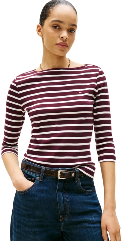 Tommy Hilfiger Women’s Long Sleeve Slim Fit New Cody Top with Boat Neck, Multicolor (Deep Burgundy/Ecru STP), XL