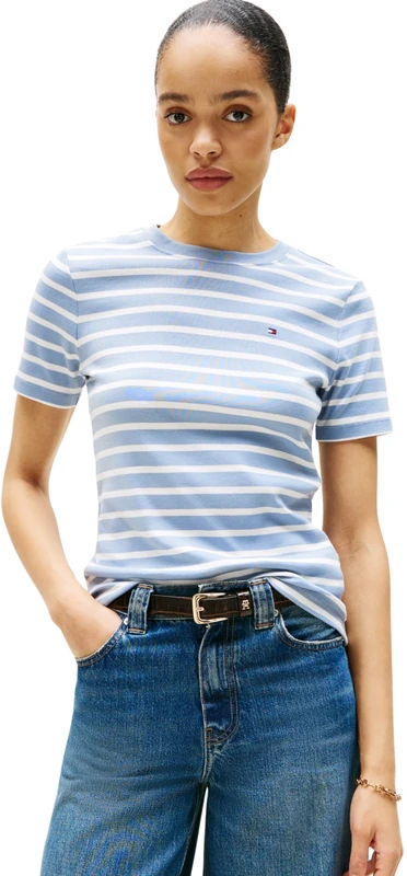 Tommy Hilfiger Women’s Short Sleeve Round Neck Slim Cody T-Shirt, Multicolor (Brisk Blue/Ecru STP), M