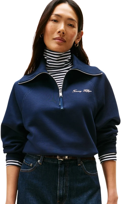 Tommy Hilfiger Women's Classic Script Fleece Half Zip Sweatshirt, Blue (Dark Night Navy), XL