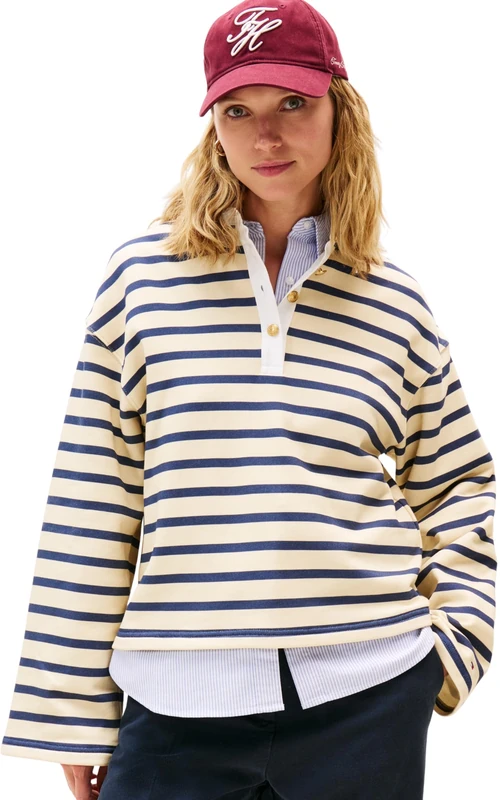 Tommy Hilfiger Women’s Gold Button Terry Rugby Shirt with Pointed Collar, Multicolor (Country Ivory/Dark Night Navy Stp), S