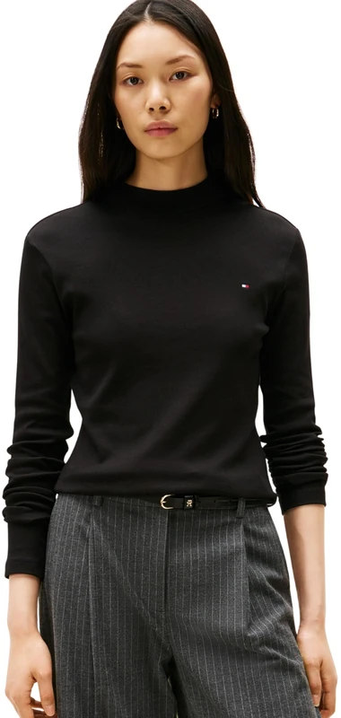 Tommy Hilfiger Women’s Slim Cody Mock Neck Long Sleeve Top, Black (Black), XXS