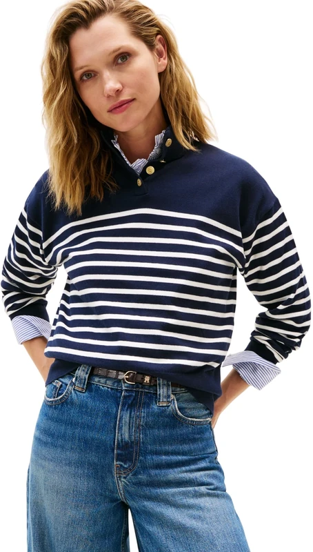 Tommy Hilfiger Women’s Jersey Gold Jumper with Mock Neck, Blue (Placed Thin White Stp Sweaters), M
