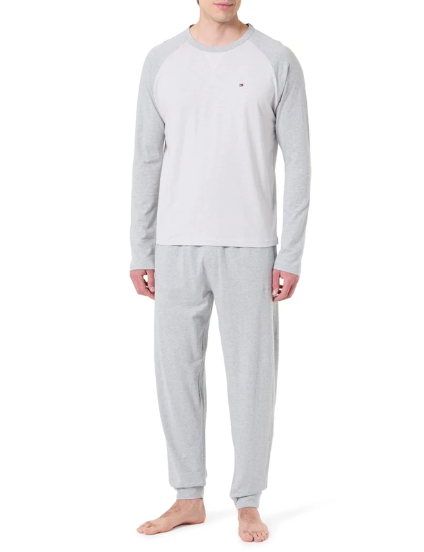 Tommy Hilfiger Men’s Cuffed Jersey Pyjama Set, Grey (Light Grey Heather), XXL