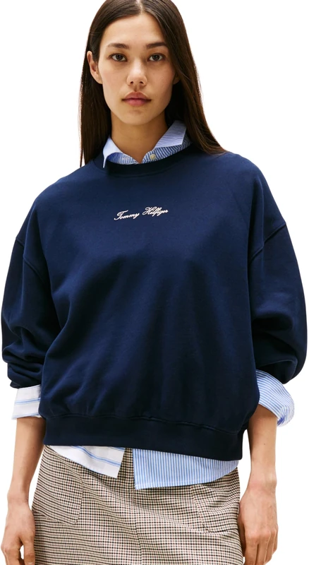Tommy Hilfiger Women’s Round Neck Classic Script Terry Sweatshirt, Blue (Dark Night Navy), XL