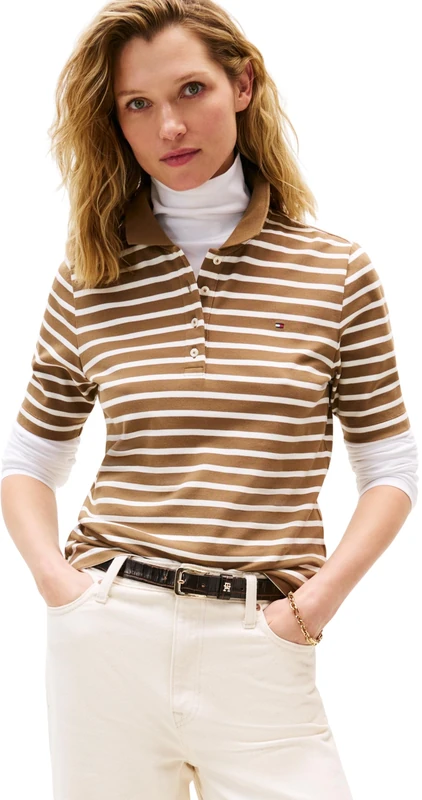 Tommy Hilfiger Women’s 1985 Short Sleeve Regular Fit Pique Polo Shirt, Brown (Hunter Brown/Ecru STP), XXS