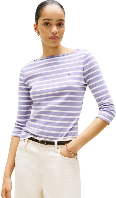 Tommy Hilfiger Women’s Long Sleeve Slim Fit New Cody Top with Boat Neck, Purple (Purple/Ecru STP), XL