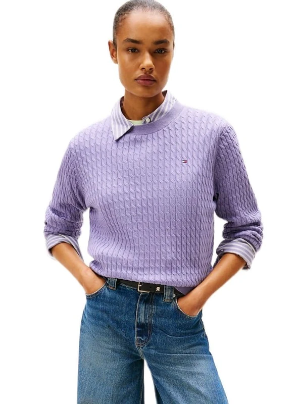 Tommy Hilfiger Women's CO Cable Pullover Sweater - Purple XXS