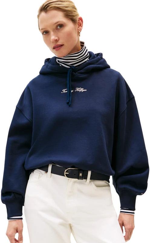 Tommy Hilfiger Women's Classic Script Fleece Hoodie, Blue (Dark Night Navy), S - Image 1