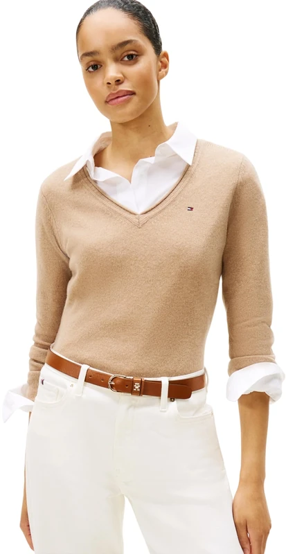 Tommy Hilfiger Women’s Soft Wool V-Neck Jumper, Beige (Safari Canvas Heather), L