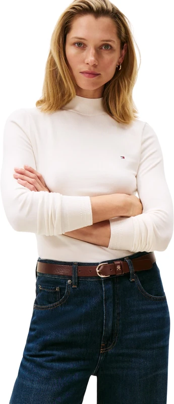 Tommy Hilfiger Women’s Fine Jersey Long Sleeve Top with Mock Neck, Off-White (Ivory Petal), XS