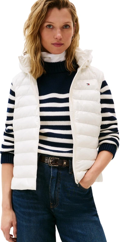 Tommy Hilfiger Women’s Slim Padded Gilet with Hood, White (Ivory Silk), XXXL