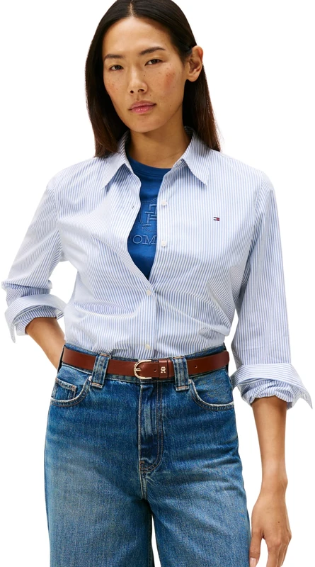 Tommy Hilfiger Women’s Regular Fit Poplin Shirt with Pointed Collar, Blue (Hugh STP/Blue), 8