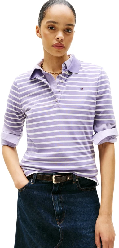 Tommy Hilfiger Women’s 1985 Short Sleeve Regular Fit Pique Polo Shirt, Purple (Purple/Ecru STP), XS