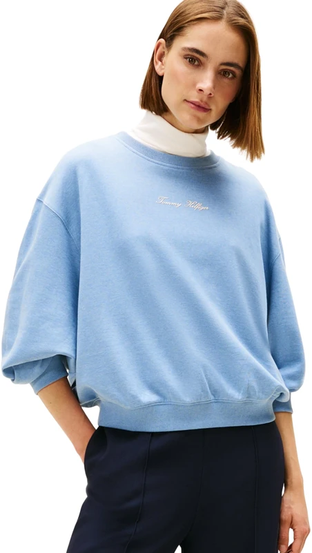 Tommy Hilfiger Women’s Round Neck Classic Script Terry Sweatshirt, Blue (Brisk Blue Heather), S