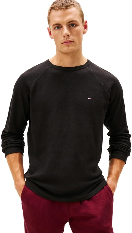 Tommy Hilfiger Men’s Waffle Long Sleeve Top with Round Neck, Black (Black), XS