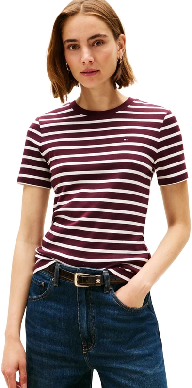 Tommy Hilfiger Women’s Short Sleeve Round Neck Slim Cody T-Shirt, Multicolor (Deep Burgundy/Ecru STP), XXS