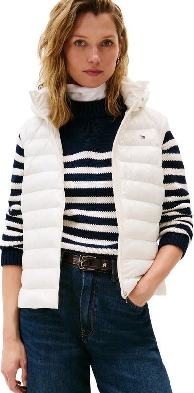 Tommy Hilfiger Women’s Slim Padded Gilet with Hood, White (Ivory Silk), S