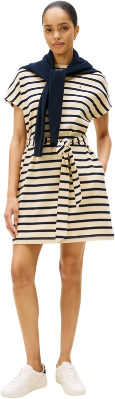 Tommy Hilfiger Women's Gold Button Jersey Dress with Belt, Multicolor (Country Ivory/Dark Night Navy STP), L