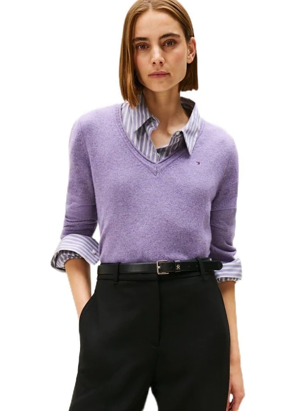 Tommy Hilfiger Women's Soft Wool V-NK LS Sweater WW0WW43505 Pullover Sweater, Purple, XXS - Image 1