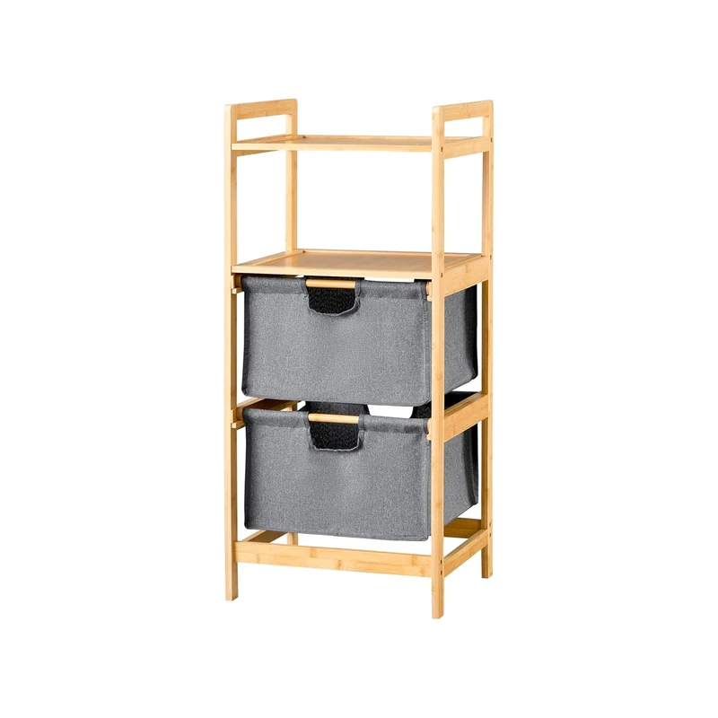 Wintem Bamboo Laundry Basket with 2 Baskets and 2 Shelves 90 x 38 x 30 cm – Large and Sturdy Shelves with Load Capacity 6 kg – Durable and Environmentally Friendly Space-Saving for Kitchen, Bathroom