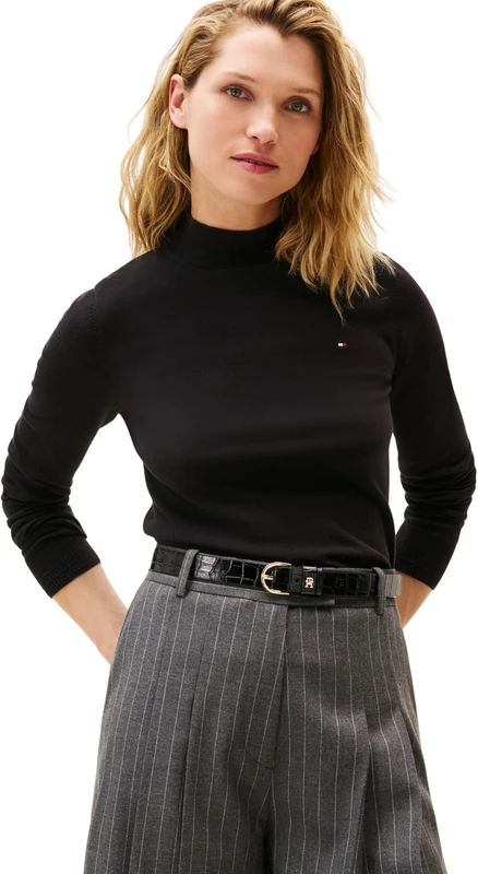 Tommy Hilfiger Women’s Fine Jersey Long Sleeve Top with Mock Neck, Black (Black), XS