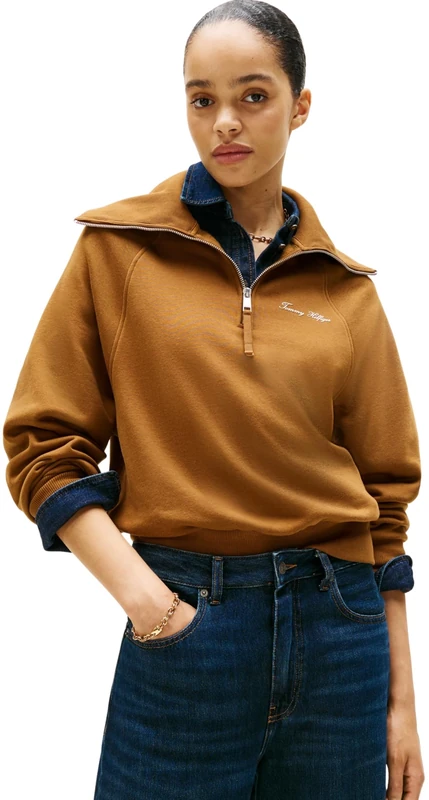 Tommy Hilfiger Women's Classic Script Fleece Half Zip Sweatshirt, Brown (Highland Khaki), S