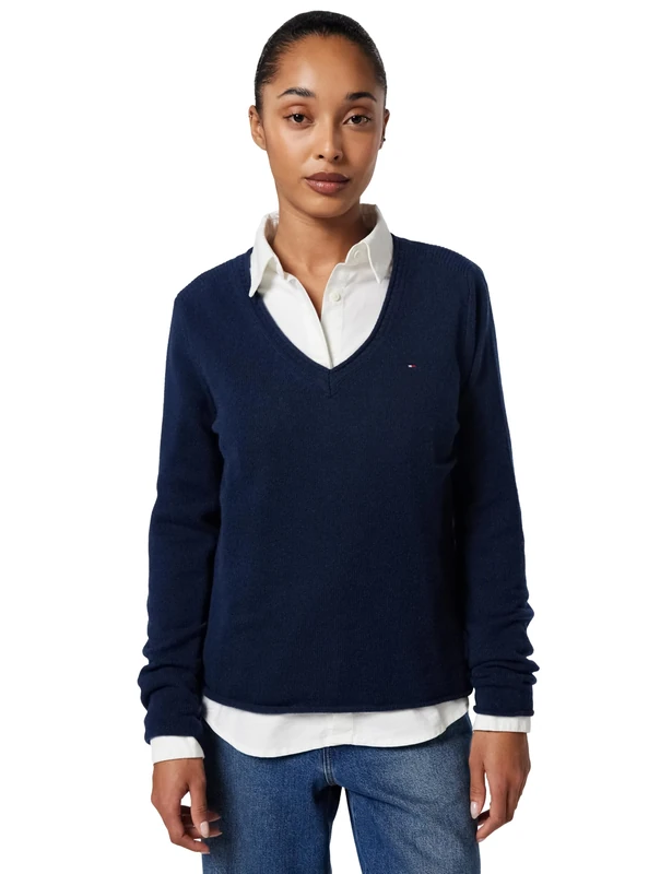 Tommy Hilfiger Women’s Soft Wool V-Neck Jumper, Blue (Dark Night Navy), XXL