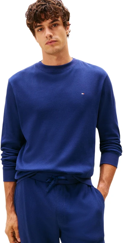 Tommy Hilfiger Men’s Waffle Sweatshirt with Round Neck, Blue (Preppy Navy), S