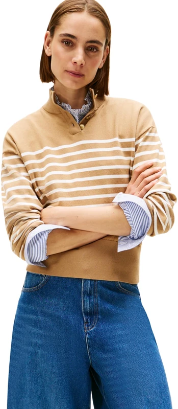 Tommy Hilfiger Women’s Jersey Gold Jumper with Mock Neck, Beige (Placed Thin Beige STP Sweaters), M