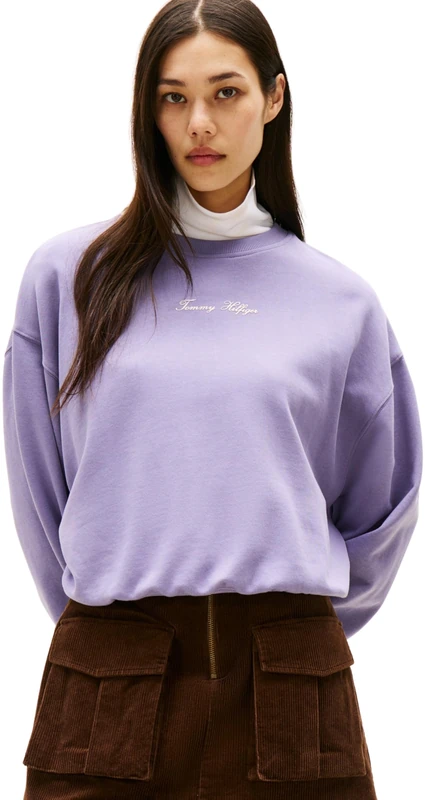 Tommy Hilfiger Women’s Round Neck Classic Script Terry Sweatshirt, Purple (Lavender Ash), S