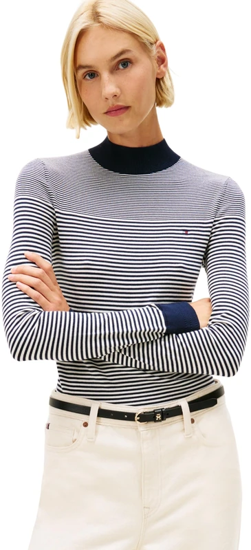 Tommy Hilfiger Women’s Fine Jersey Long Sleeve Top with Mock Neck, Multicolor (Bretton Stripe Dark Night Navy), M