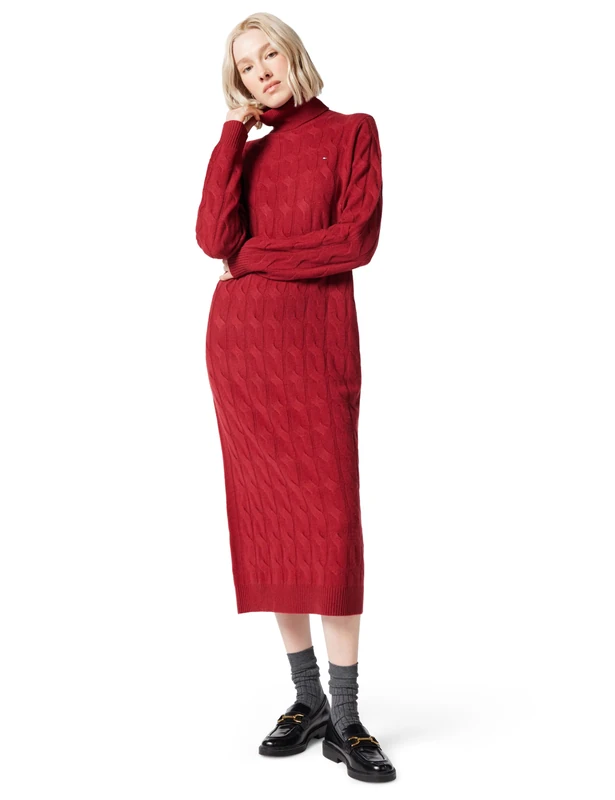 Tommy Hilfiger Women’s Soft Wool Cable Knit Jumper Dress with Roll Neck, Red (Regatta Red), XXL