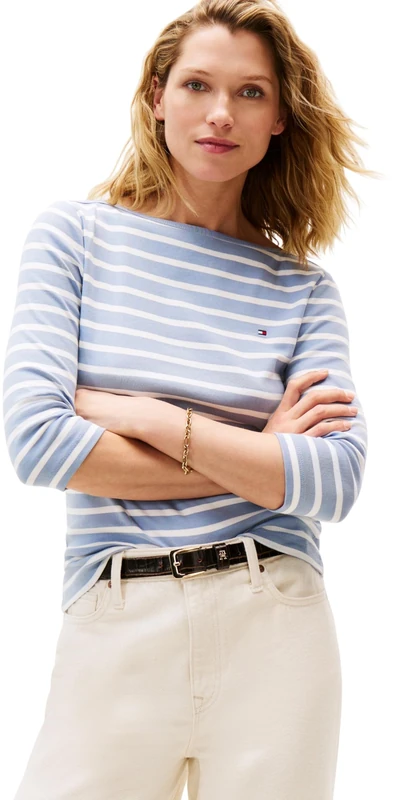 Tommy Hilfiger Women’s Long Sleeve Slim Fit New Cody Top with Boat Neck, Multicolor (Brisk Blue/Ecru STP), XS