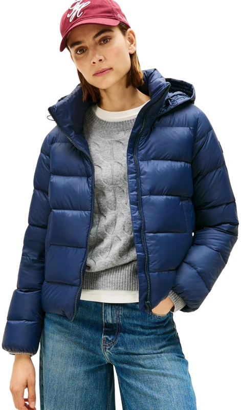Tommy Hilfiger Women's Casual Down Jacket with Hood, Blue (Dark Night Navy), XL