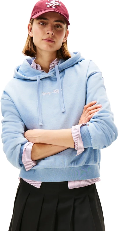 Tommy Hilfiger Women's Classic Script Fleece Hoodie, Blue (Brisk Blue Heather), S