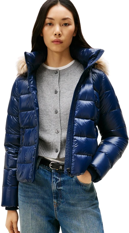 Tommy Hilfiger Women's Gloss Down Slim Puffer Jacket with Faux Fur Trim, Blue (Dark Night Navy), L