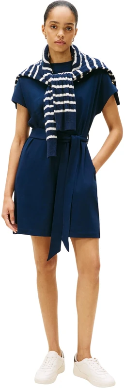 Tommy Hilfiger Women's Gold Button Jersey Dress with Belt, Blue (Dark Night Navy), XXL