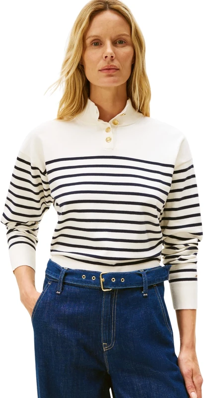 Tommy Hilfiger Women's CO Jersey Gold BTN Mock-NK SWT WW0WW47467 Pullover Sweater, Blue, S